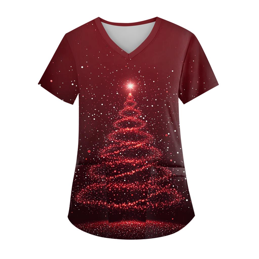 Women's V-neck Christmas Print Short-sleeved Pocket Side Slit Uniform Top
