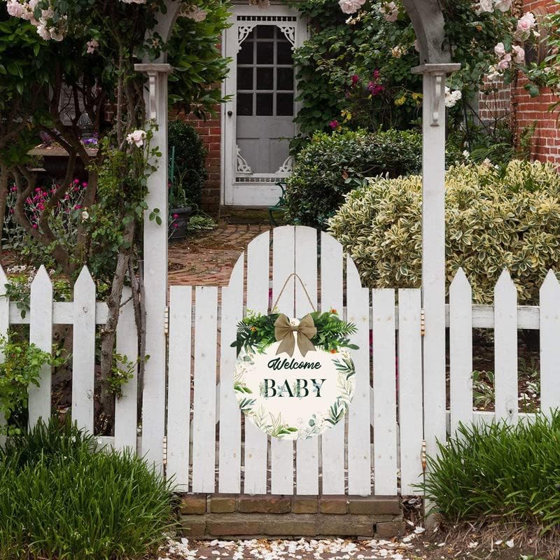 Aowotu Welcome Baby Sign Front Door Round Rustic Wood Sign Hanging Farmhouse Porch Outdoor Home Christmas Baby Shower Farmhouse Porch Wall Doors