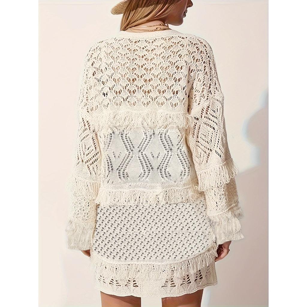 New Women's Open Knit Cardigan Long Sleeve Loose Hollow Out Casual Versatile Sweater