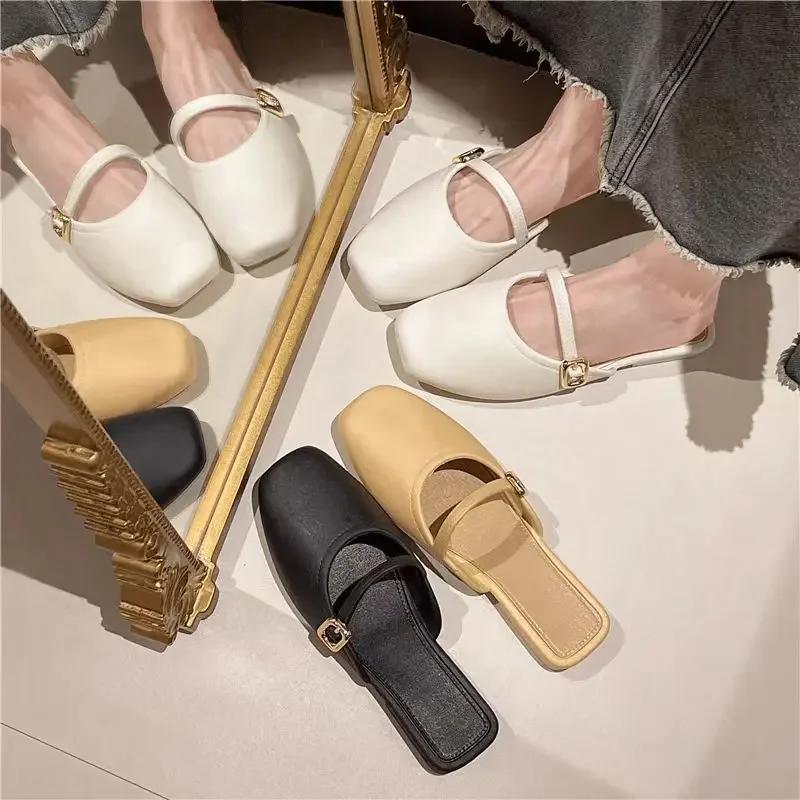 Fashion French Head Half Slippers Women Wear 2025 Spring Summer New Shallow Mouth All Soft Leather Mueller Shoes Beach Single Shoes