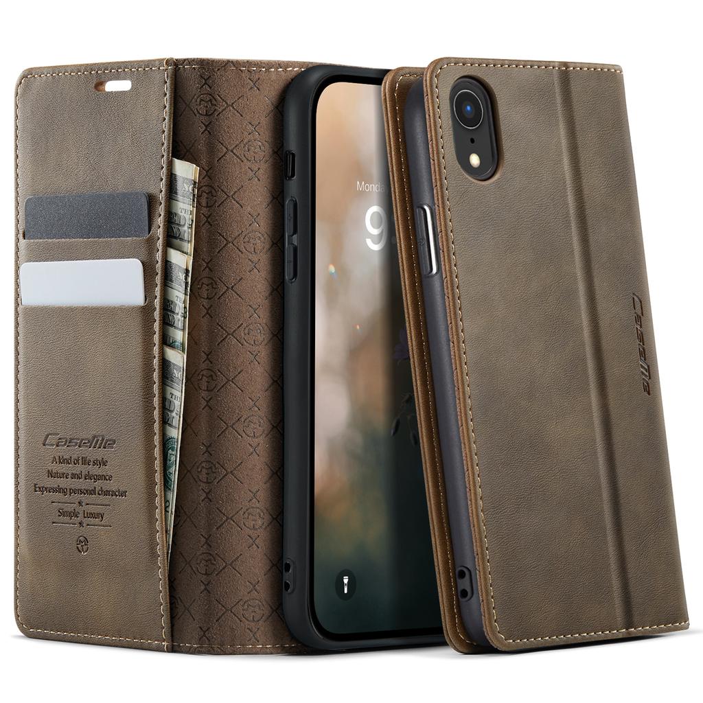 För iPhone XR 6,1 tum Fodral CASEME 033-serien RFID-blockerande Plånbok Stöd Kalvstruktur Läder Telefonfodral