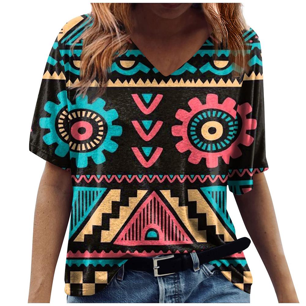 Ny fransk dame V-hals Kontrast Fritid V-krage T-skjorte med blomstertrykk 2023 Vår Sommer Slim Fit Kortermet T-skjorte for kvinner