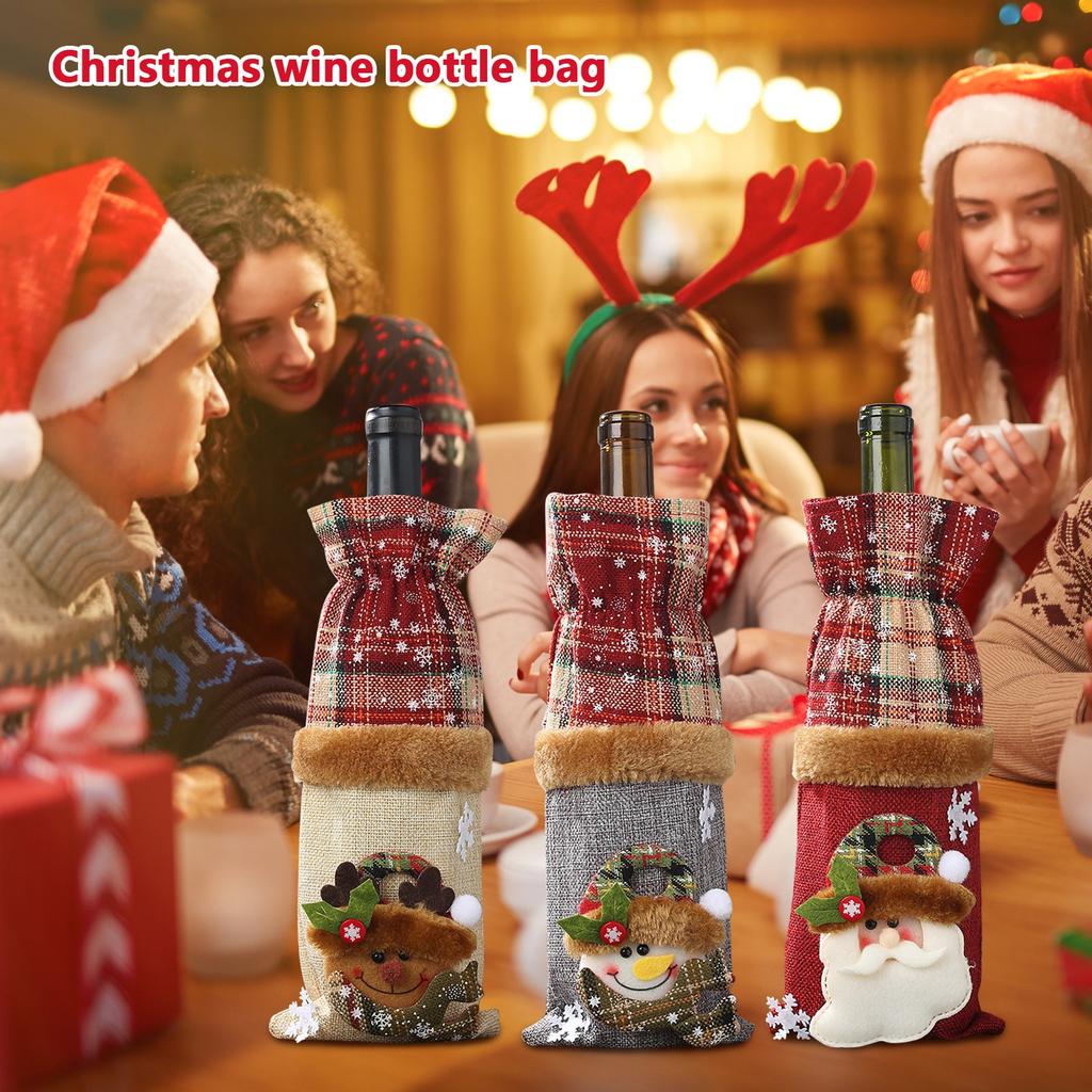 Christmas Decorations Wine Bottle Set Plaid Linen Wine Bottle Decoration Red Wine Champagne Creative Wine Bottle Bag