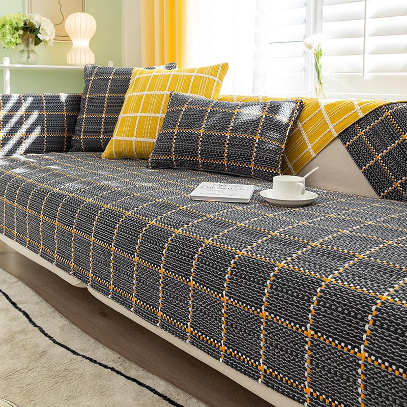 Gray Sofa Cushion Cotton and Linen Thickened, Universal for All Seasons, Simple Modern Anti-slip Plaid Sofa Cover with Cloth Towel