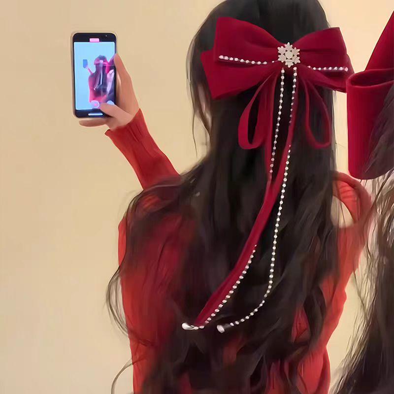 Red Velvet Snowflake Bow Hair Clip - Festive Holiday Accessory for Women