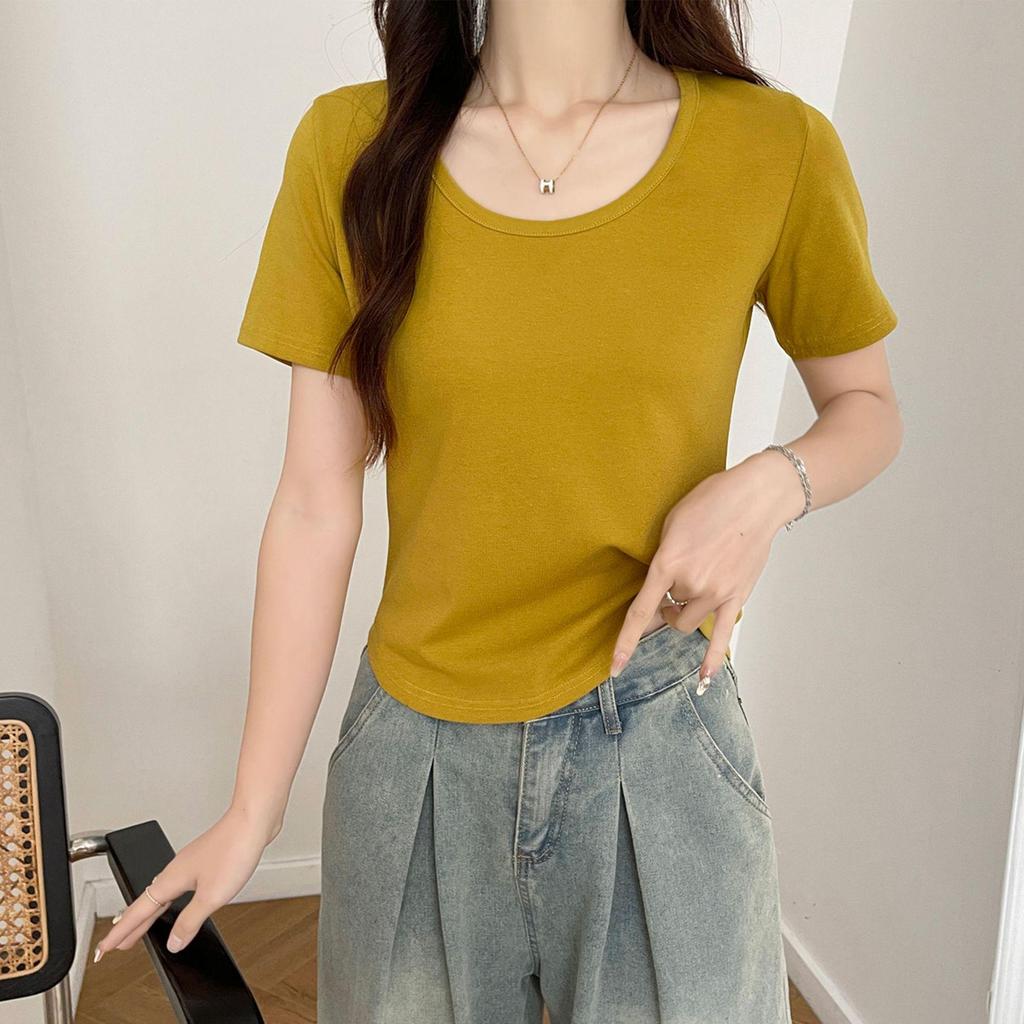 Women's Slim-Fit Pure Cotton U-Neck T-Shirt - Short Sleeve, Versatile Summer Outerwear