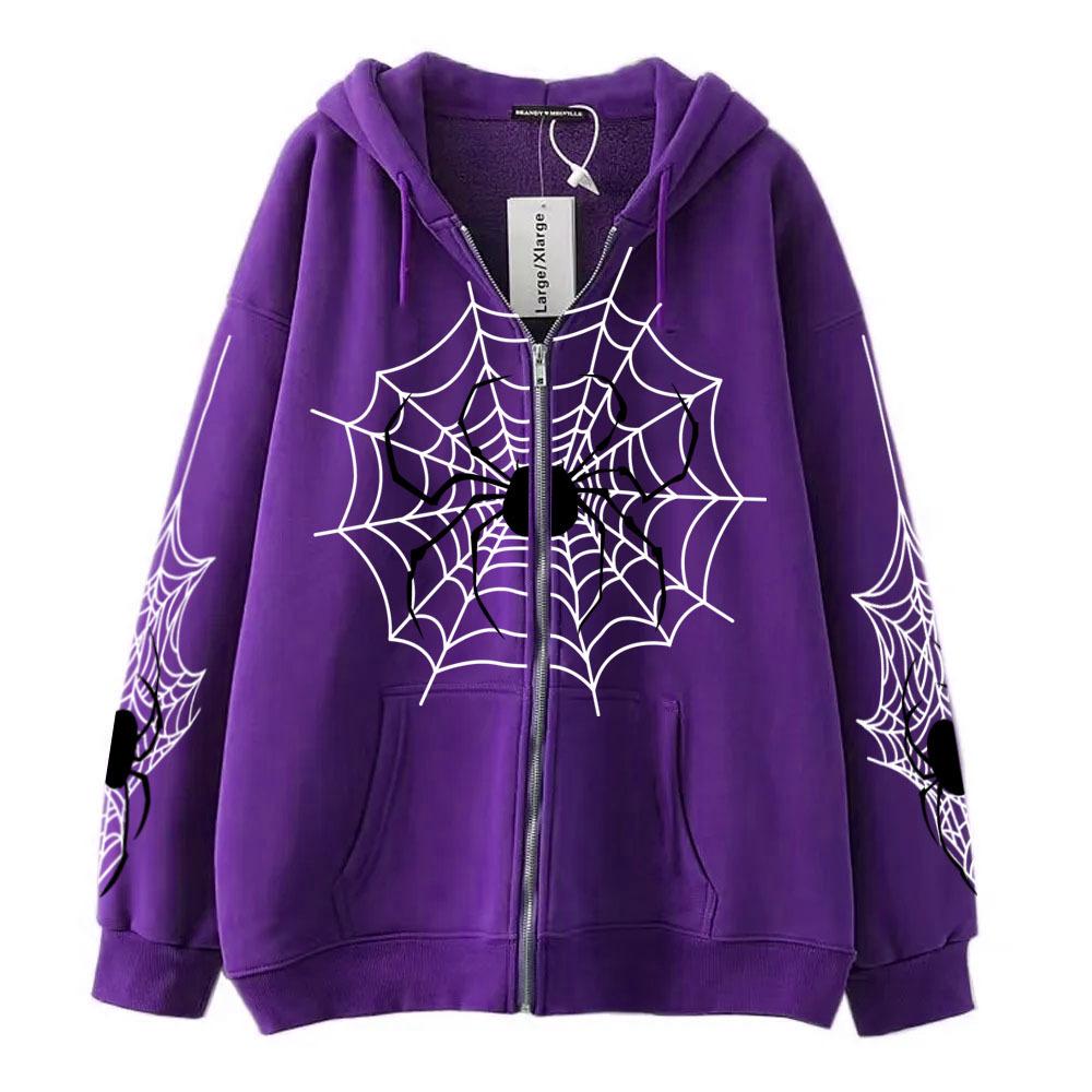 2025 Women's Spider Web Zipper Hoodie: Retro American Streetwear for Spring & Autumn