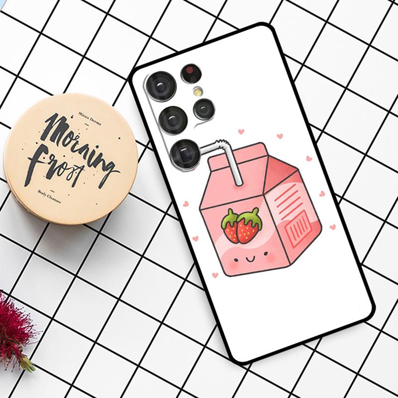 Cute Strawberry Milk Box Case For Samsung Galaxy S25 Ultra S23 S22 S21 S20 S24 Ultra S9 S10 Plus S25 FE Phone Cover