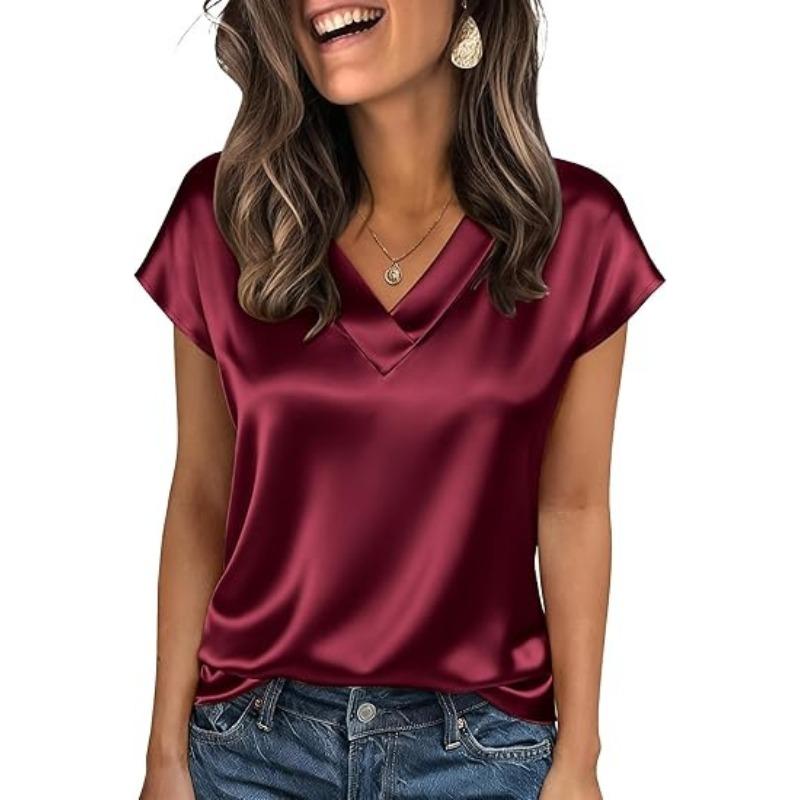 Damska koszulka Wiosna i Lato Jednolity Kolor Biznesowe Top V-neck Casual Luźne Damskie Koszulki Moda Prosty Elegancki Satynowy Biurowy Damski T-shirt