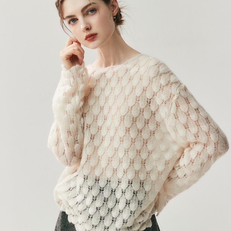 Hollow-Out Feather Design Women's Cashmere Knitwear Top - Lightweight Spring & Autumn Sweater