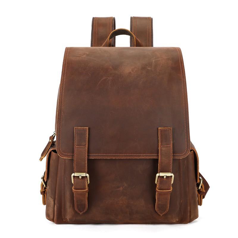 Head Layer Cowhide Men s Backpack Crazy Horse Leather Fashionable Flip Style 14 Inch Computer 32cmx12.5cmx39cm коричневый