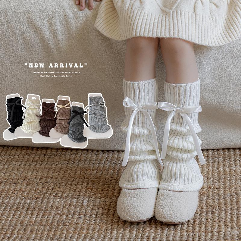 Kids Leg Warmers INS Fashion Solid Color Knitted Boot Cuff with Bow Winter Warm Leg Warmers for Girls Retro Over The Knee Socks