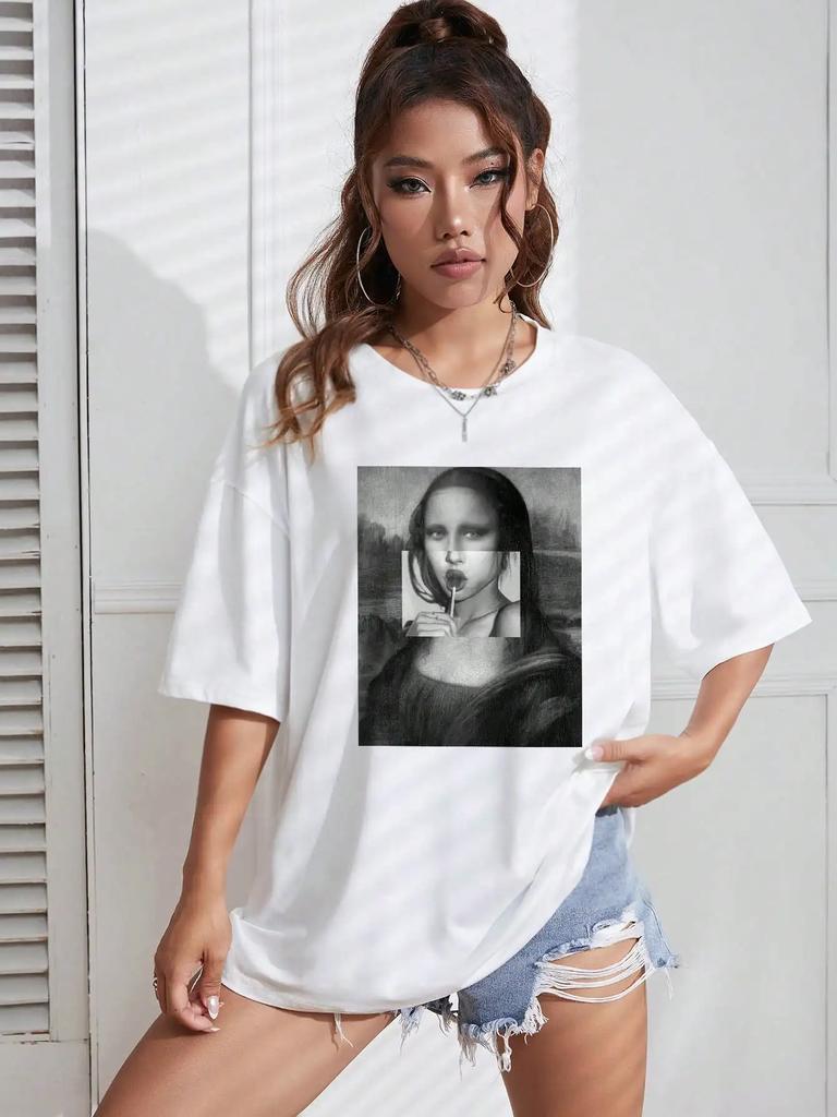 Women Cotton T-Shirts Funny Mona Lisa Printed Short sleeve Tee Comfortable Personality Loose Tops Summer Fashion Lady Clothes