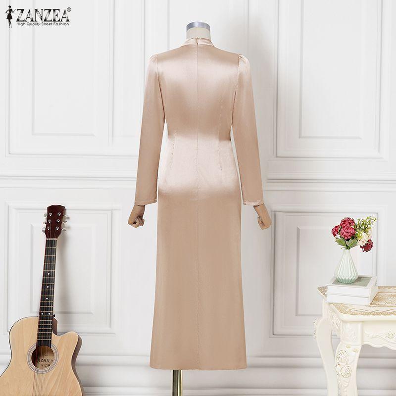 ZANZEA Women Elegant Stand Collar Casual Long Sleeve Satin Long Dress