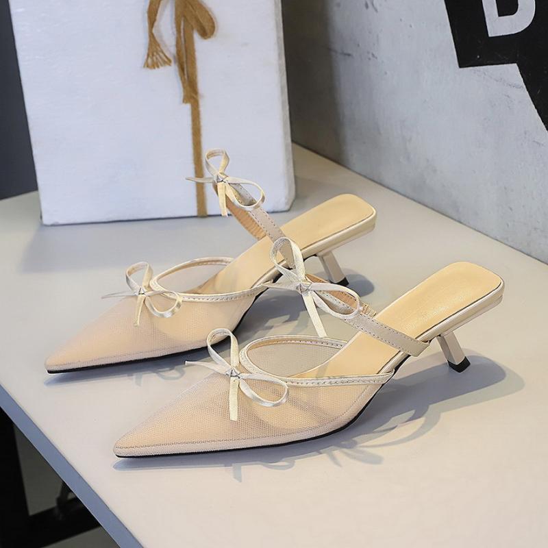 Korean Version Of Lace Half-Tugged Thin Heels For With Pointed Toe Shallow Mouth Bow With One Strap Strap Mid-Heel Slippers