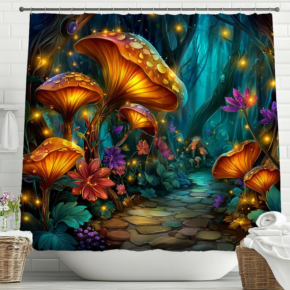 Fairy Tale Forest, Mushroom House Shower Curtain, Bathroom Decorative Shower Curtain, Waterproof Shower Curtain with Hooks