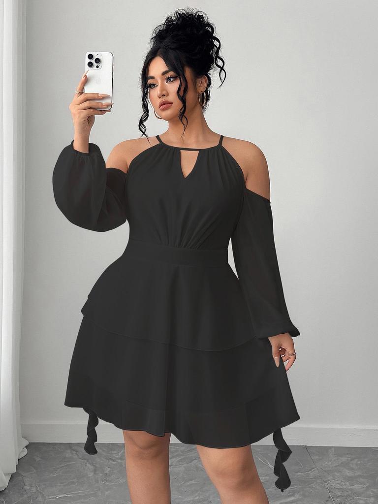 European & American Plus Size Off-the-Shoulder Ruffle Dress with Sweetheart Neckline and Lantern Sleeves