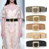 Summer Women Braided Belt Square Wooden Buckle Vintage Boho Straw Woven Belt
