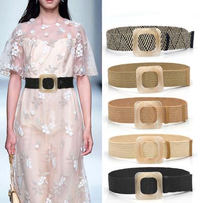 Summer Women Braided Belt Square Wooden Buckle Vintage Boho Straw Woven Belt