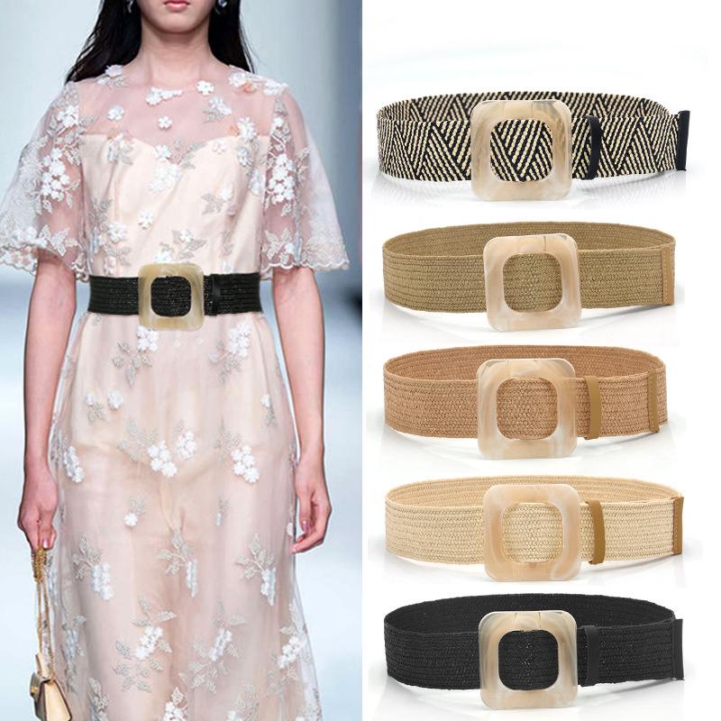 Summer Women Braided Belt Square Wooden Buckle Vintage Boho Straw Woven Belt