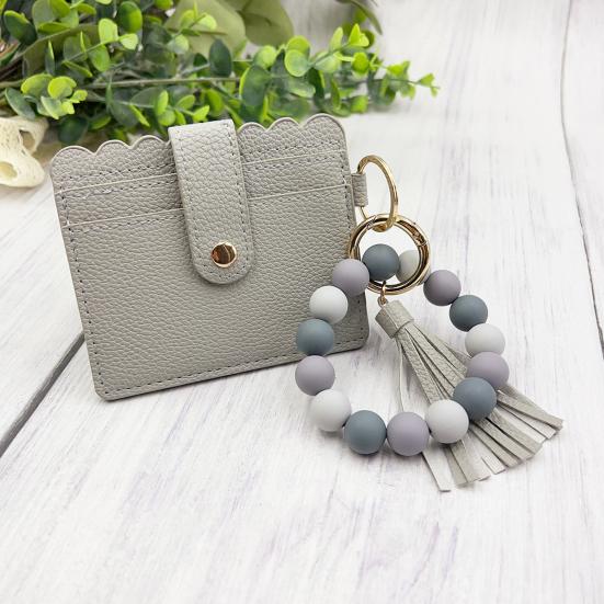 Silicone Bracelet Keychain Wallet Beaded Wristlet Credit Card Holder with Tassel Slim Card Wallet with ID