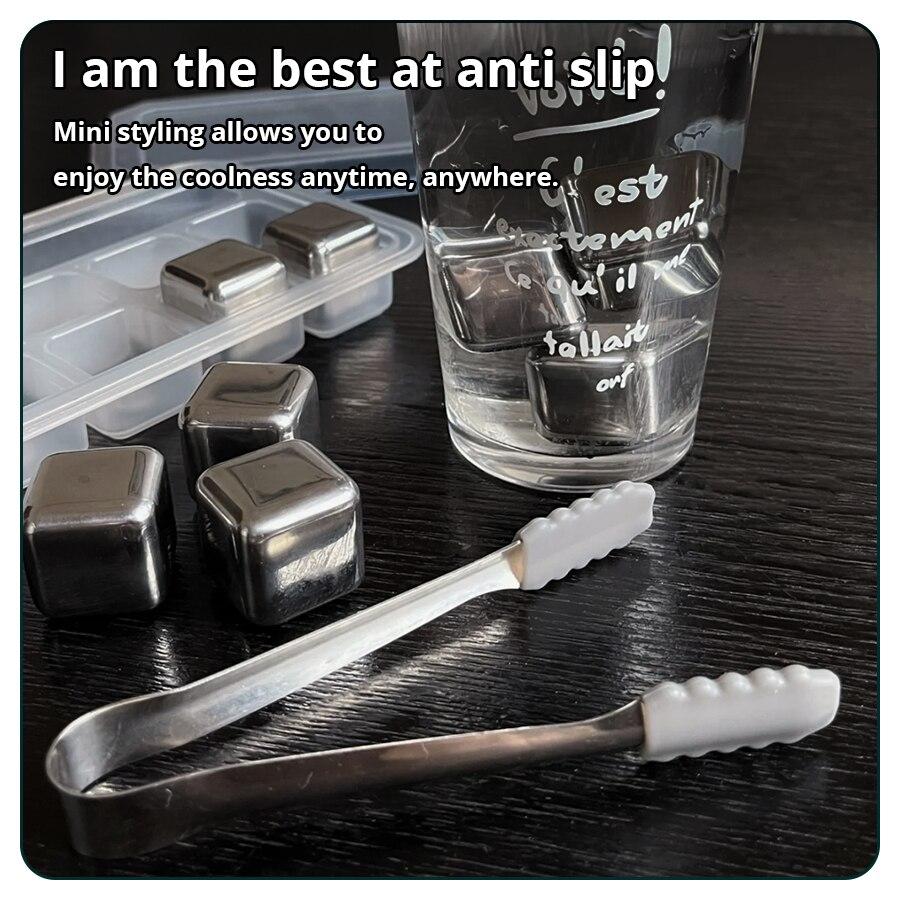 4/6/8 Piece Whiskey Ice Cubes Set with Silicone Head Tongs and Ice Cube Trays Stainless Steel Ice Cubes Reusable