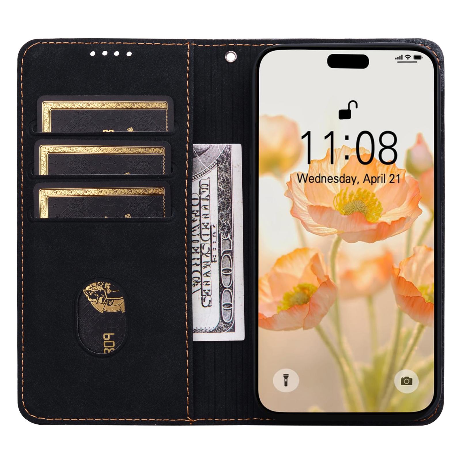 

For iPhone 16 Plus Case Lines Pattern Wallet Leather Phone Cover with Strap Red