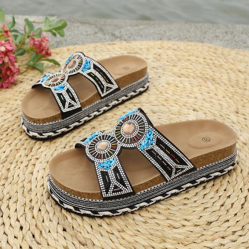 Women’s Double Buckle Rhinestone Cork Platform Slide Sandals