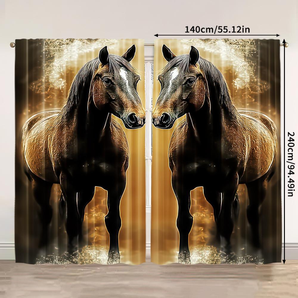 Set Of 2 Artistic Flat Printing Curtain Dual Horses Golden Image Versatile Durable Polyester Without Electricity Birthday Party Made