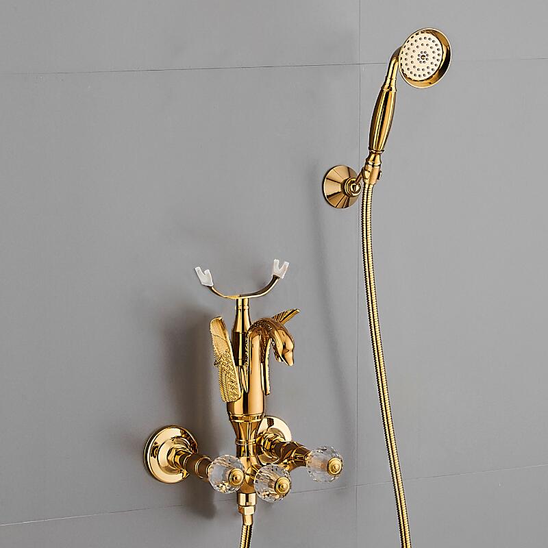 Set baterie pentru cadă și duș Tuqiu Baterie pentru cadă cu lebădă aurie montată pe perete, baie rece și fierbinte Baterie pentru baie și duș din alamă