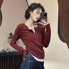 Burgundy Fake Two-piece Half-zipper T-shirt Women's Spring Waist Pleated Long-sleeved Top Design Bottoming Shirt