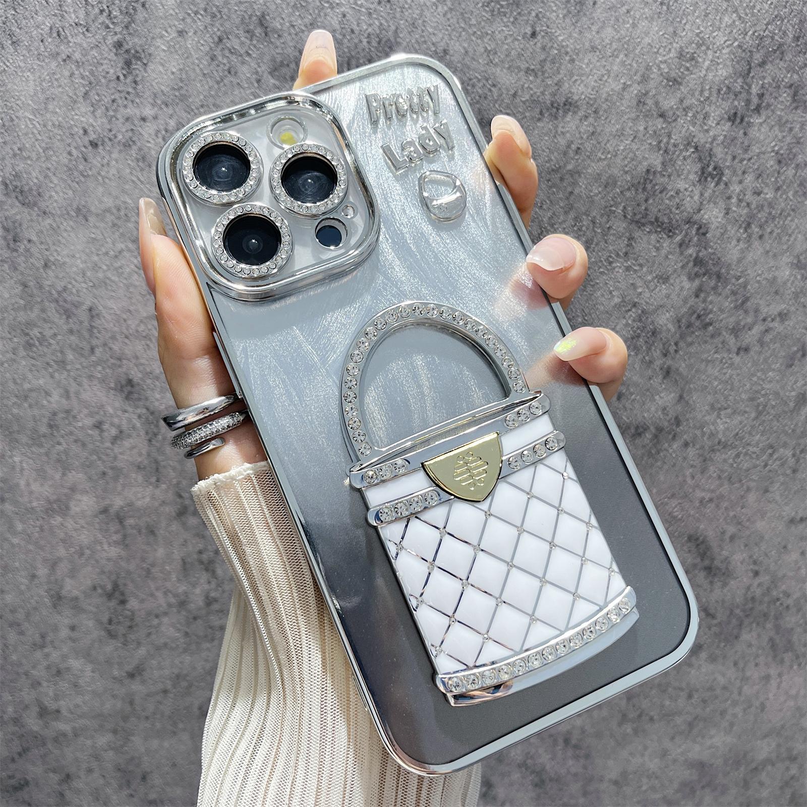 

For iPhone 15 Pro Max Case Mirror Kickstand TPU+PC Shiny Protective Back Cover Silver