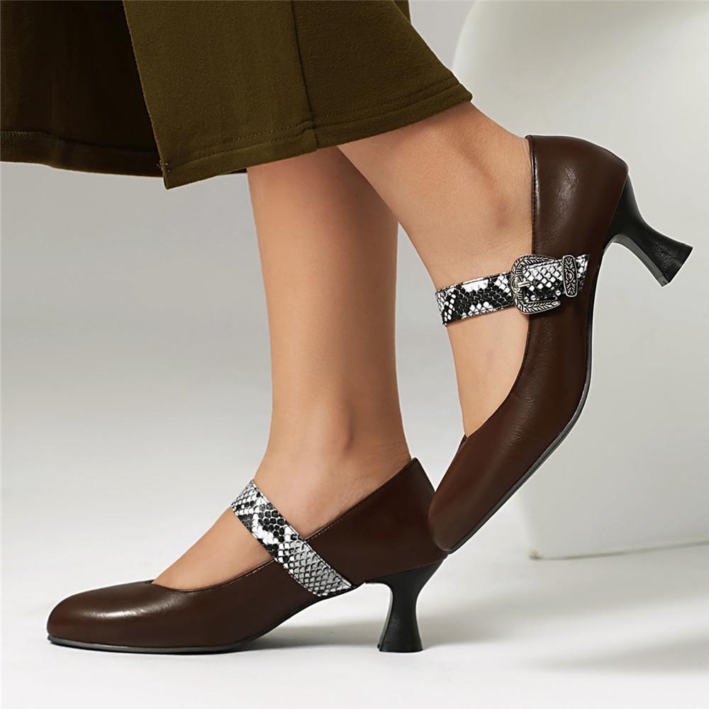 Mode Braune Damen Mary Jane Schuhe Mode Spitzschuh Gürtelschnalle Pumps 2025 Frühling Herbst Elegant Höhe Absätze Damenschuhe Größe 32-48