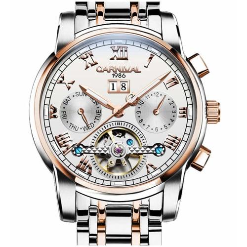 Men's Tourbillon Automatic Mechanical Watch, Silver Stainless Steel, Multi-Function, Blue Watch, Silver/Blue, Rose Gold/White