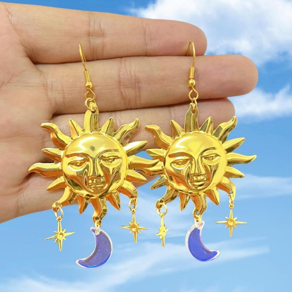 Creative Exaggerated Purple Crystal Relief Human Face Sun Moon Star Dangle Earrings for Woman Bohemia Artistic Jewelry Accessory