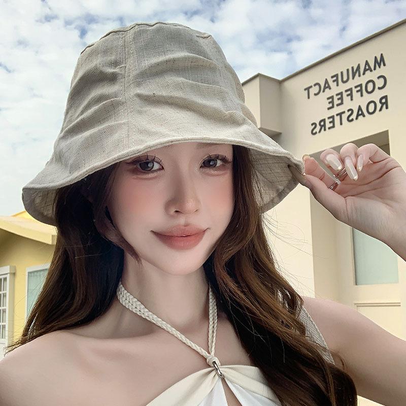 Summer Fisherman Hat New Pleated Cotton and Linen Women's Sweet Sunshade Bucket Hat Showing Face Small Face Covering Sun Hat