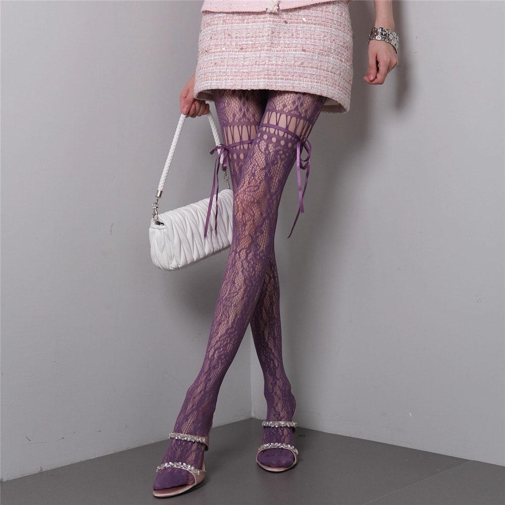 

High Waist Mesh Lace-up Pantyhose Smooth Hollow-out Shaping Silk Stockings Stretch High-Density Sheer Pantyhose Tights Girls One Size