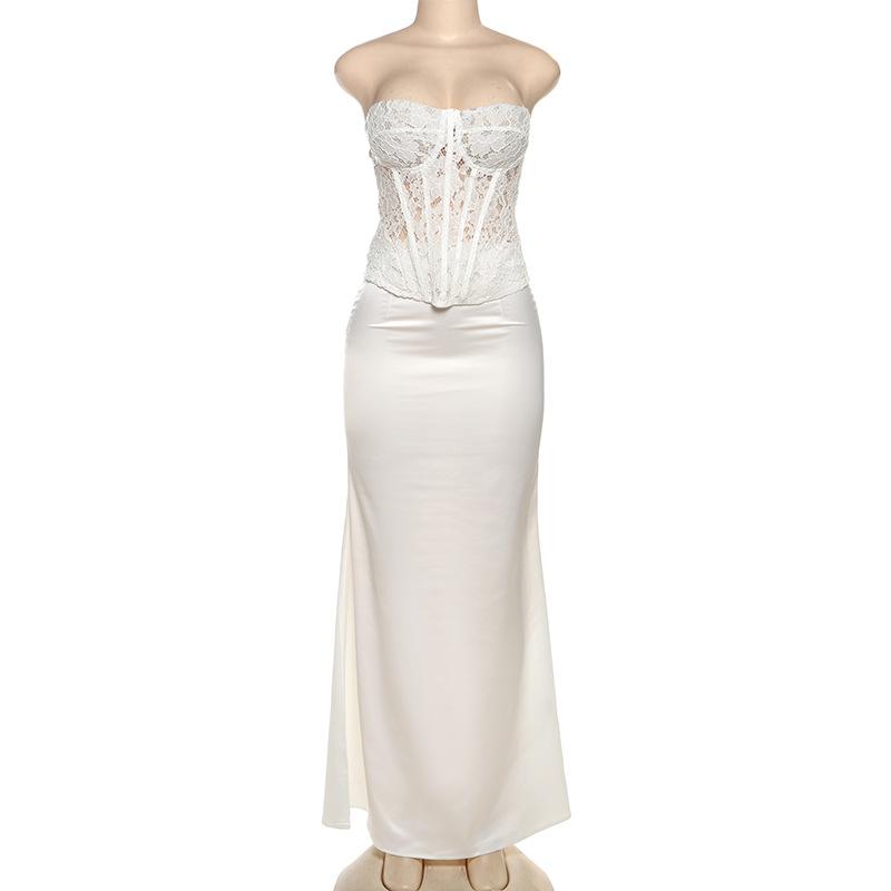 2026 New Elegant Lace Fishbone Strapless High-Waisted Slim-Fit Long Dress Set for Women
