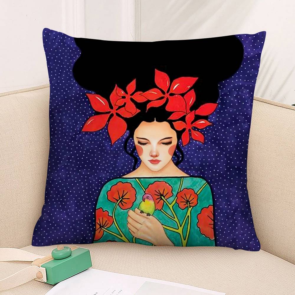 1Pc Vintage Abstract Girl Hair Flower Pillow Case Plush Fabric Soft Double Sided Print Sofa Cushion Cover Throw Pillow Covers