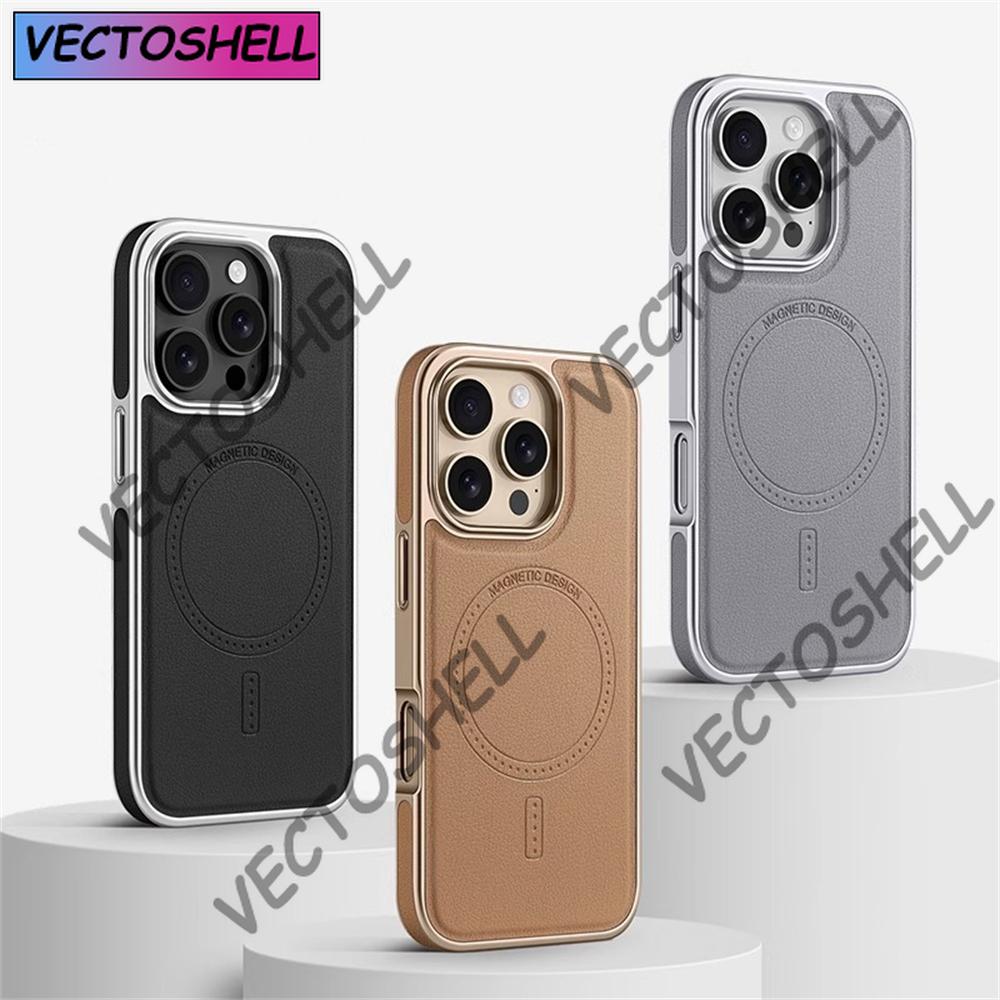 Luxury Business Plating Soft Frame Leather Case For iPhone 16 13 14 15 Pro Max Magsafe Magnetic Wireless Charge Shockproof Cover