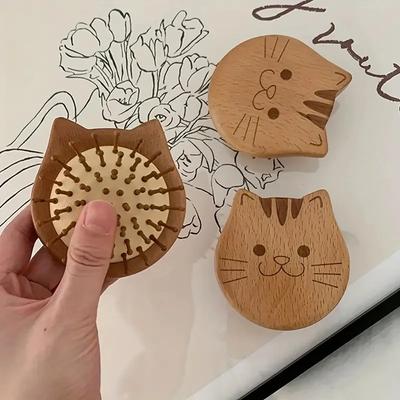 Portable Mini Cherry Wood Cat Cartoon Air Cushion Comb Massage Smooth Hair Anti-Static Solid Wooden Brush for Extensions