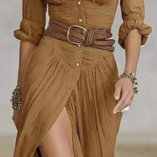 Women's Boho Maxi Dress with Belt Button Down Deep V Neck