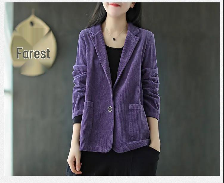 Spring 2023 Women's Corduroy Suit Collar Jacket - Retro Casual Solid Color Long Sleeve Outerwear