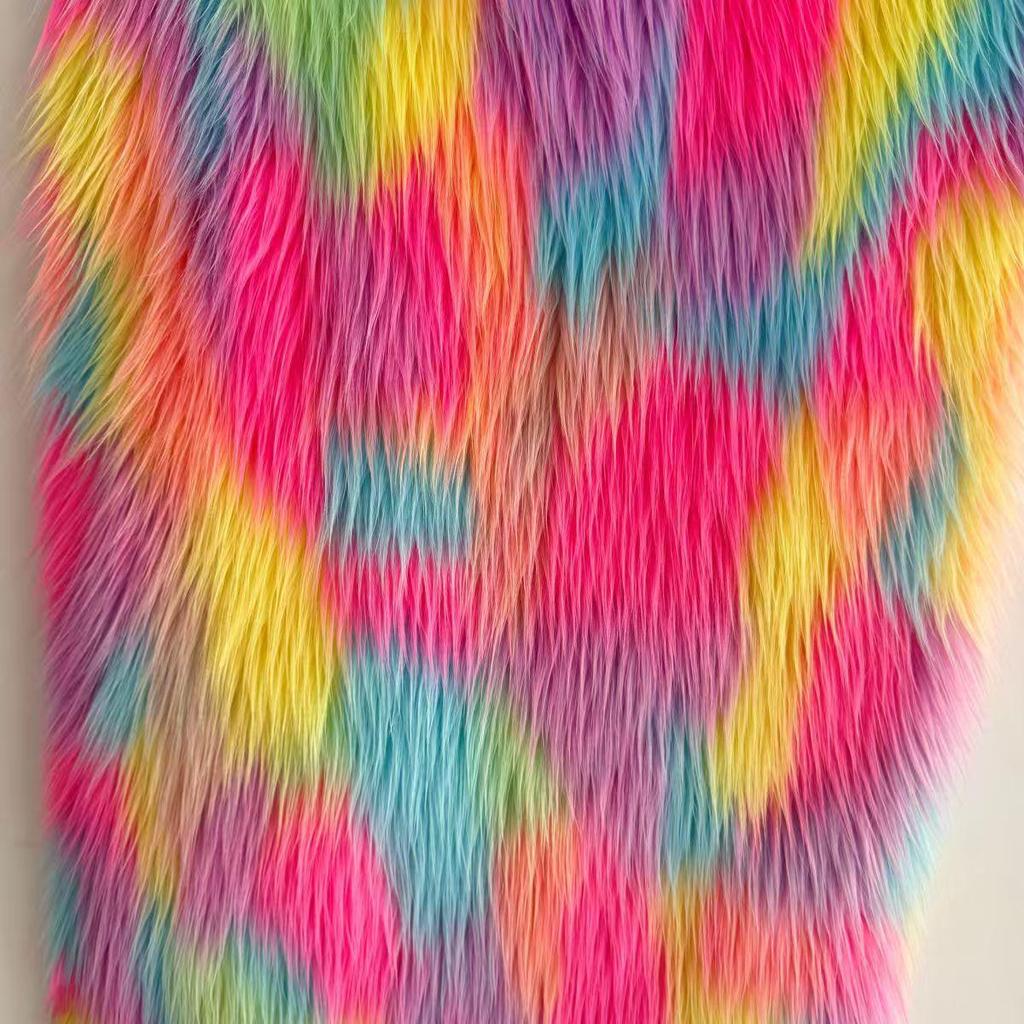 Gradient Five-Color Jacquard Faux Fur Tencel Fabric with Flocked Long Pile and Perforated Grid Design