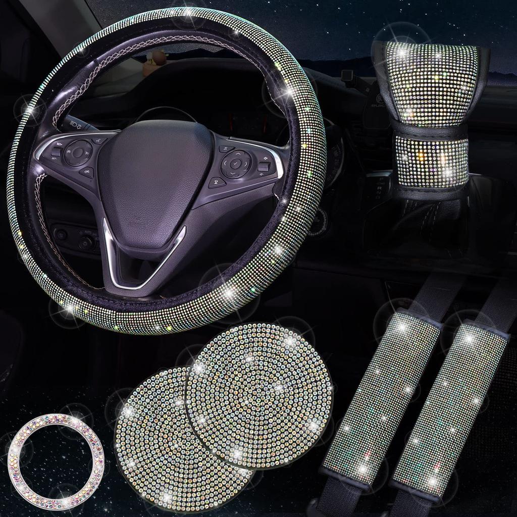 7Pcs/Set Shiny Rhinestones Car Steering Wheel Safety Belt Shifter Cover Cup Mat Start Button Ring Kit