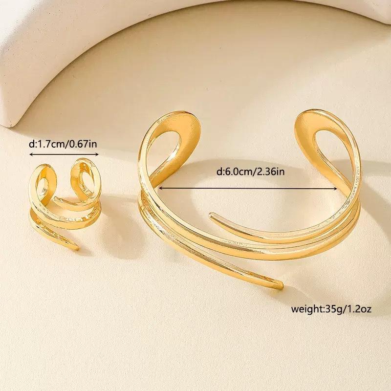 Fashion Temperament Personalized Metal Hollow Line Three-layer Winding Opening Women's Ring Bracelet Set