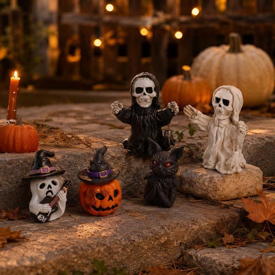 Small Halloween Statues for Shelves Resin Figurine, Spooky Skeleton Pumpkin Ghost Statue Home Accents Tiered Tray, Tabletop, Shelf, Indoor Kitchen