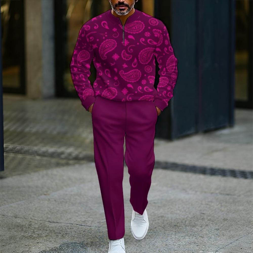 Spring Autumn 3D Printed Fashion Men's Long-Sleeved Sets Half-Zipper Stand-Up Collar Men's Casual Sportswear Two-Piece Set