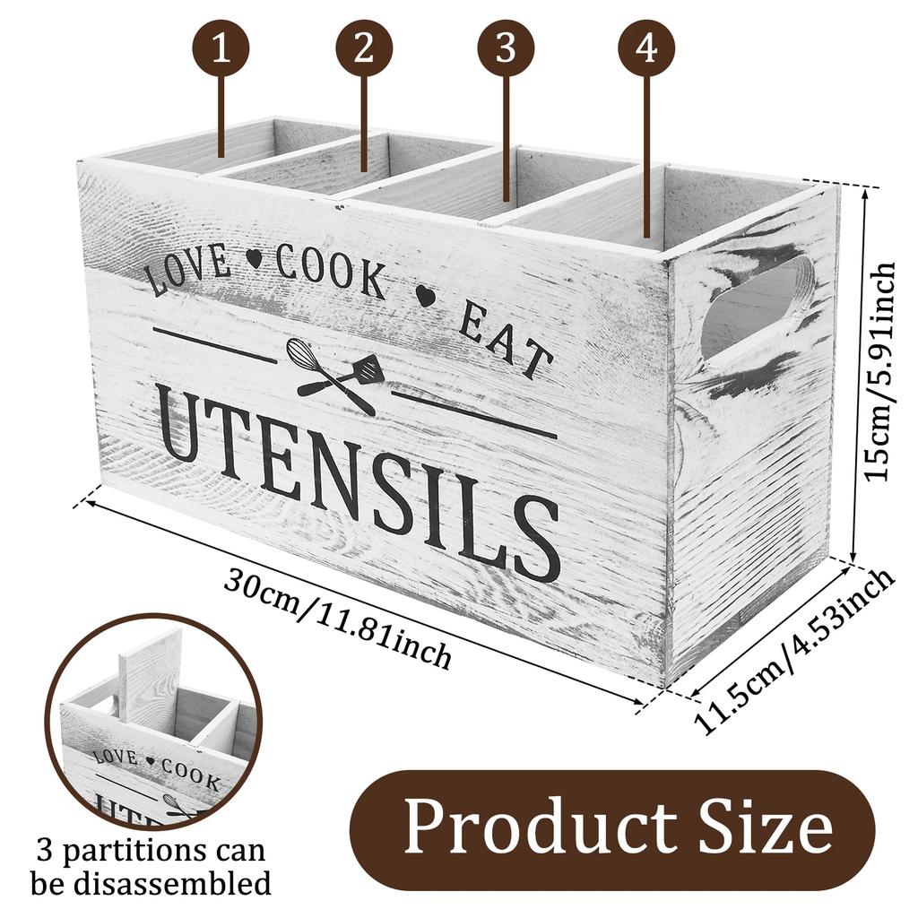 Wood Kitchen Utensil Holder Spoon Fork Tableware Storage Rack Container Kitchen Cooking Utensil Organizer with 4 Compartment New