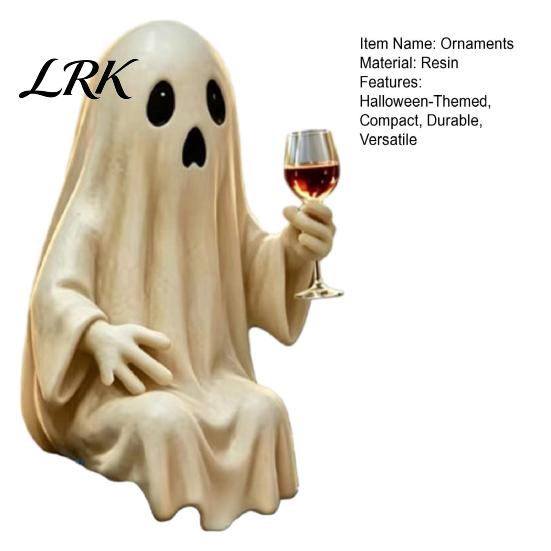 Matte Finish Halloween Statue Ghost Skeleton Figurine, Spooky Drunk Holding Wine Glass Resin Sculpture, Gothic Desk Detailed Carving Decor for